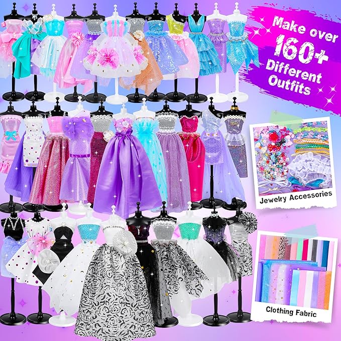 1500+Pcs Fashion Designer Kit for Girls, Sewing Kit with 7 Mannequins, DIY Arts and Crafts Kit for Kids, Doll Clothes Making Kit, Girl Toys for Age 6 7 8 9 10 11 12 Year Old Gifts