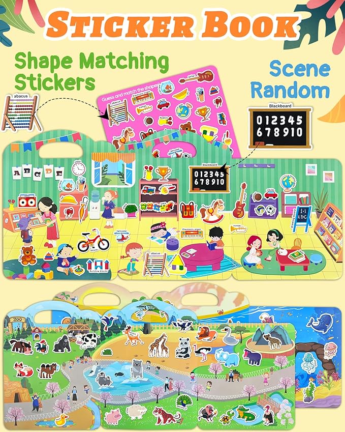 Benresive Reusable Sticker Book for Toddlers 2-4 Years, 3 Sets Travel Stickers for Kids, Waterproof Sticker Books for Toddlers 1-3, Crafts Activities for Todddlers 1-3 2-4 3-5
