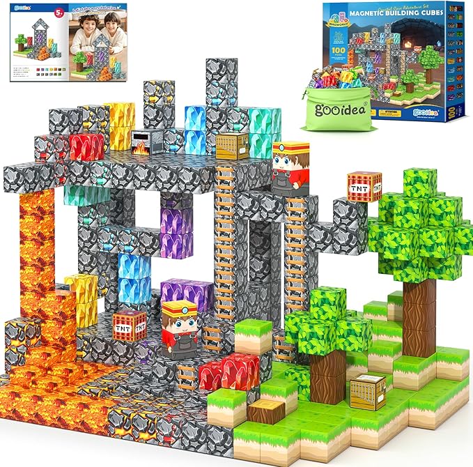 Magnetic Blocks 100PCS 1 inch Magnetic Building Cubes Kids Magnet Toys Crystal Mine Cave Inspired Playset Magworld Add-on Building Craft Sensory Toys Game Gifts for Ages 3-5 4-6 5-7 8-12