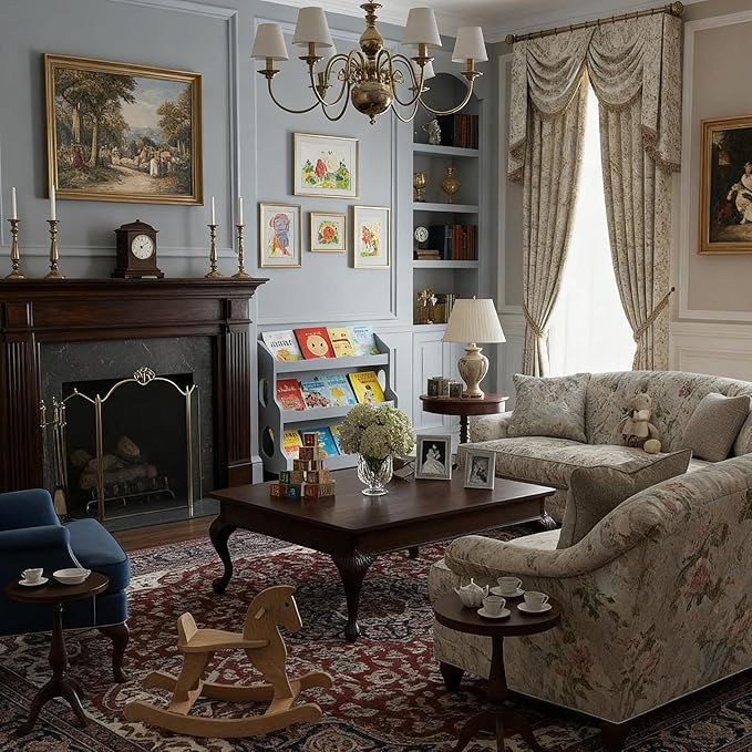 Kids Bookshelf Wooden Montessori Book Shelf Dutch Design 3Tier Scalloped,TranquilGrey