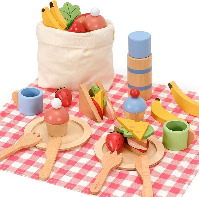 PairPear Wooden Play Food Set for Kids Kitchen, 32 Pcs Pretend Play Toys Picnic Playset with Shopping Bag, Toddler Cutting Food Toys Play Kitchen Accessories Gift for Girls Boys Age 3+