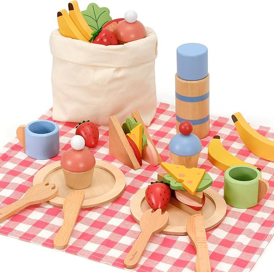 PairPear Wooden Play Food Set for Kids Kitchen, 32 Pcs Pretend Play Toys Picnic Playset with Shopping Bag, Toddler Cutting Food Toys Play Kitchen Accessories Gift for Girls Boys Age 3+