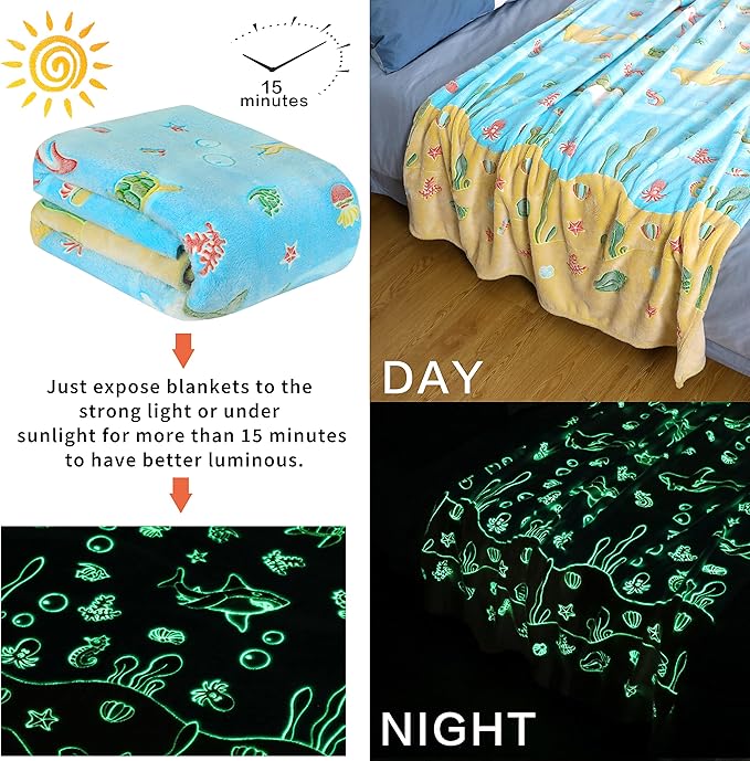 Wesan Glow in The Dark Blanket Ocean Fish Theme Gifts Kids Boys Teen Present Throw Adults Teenage Boys Room Decor Bedroom Camping Soft Cozy Plush Blanket Black 50"x60"