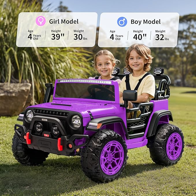 2 Seater Electric Ride on Car Truck, 24V 4x4 Ride on Toy for Kids 4-8 with Remote Control, EVA Tires - Purple