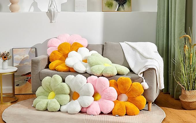 20" Pink Flower Pillow Floor Pillow Seat Cushion – Faux Rabbit Fur Plush Throw Pillow, Cozy Floor Cushion & Gift for Kids