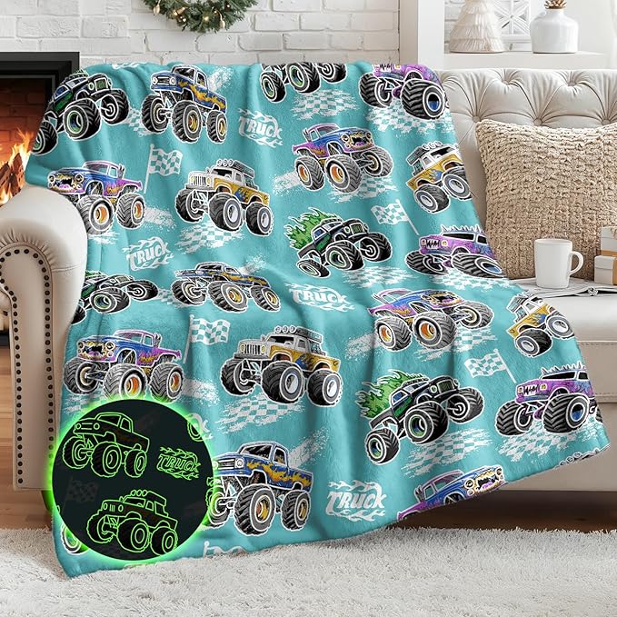 Monster Car Truck Gifts for Boys - Glow in The Dark Trucks Blanket Toys for Birthday Christmas Valentines Easter Presents for Kids Toddler Ages 2 3 4 5 6 7 8 9 10 11 12 13 Years Old Soft Throw 50"x60"