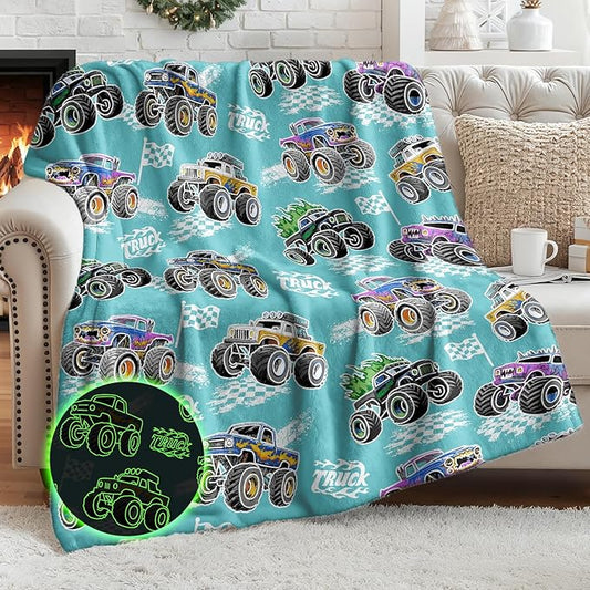 Monster Car Truck Gifts for Boys - Glow in The Dark Trucks Blanket Toys for Birthday Christmas Valentines Easter Presents for Kids Toddler Ages 2 3 4 5 6 7 8 9 10 11 12 13 Years Old Soft Throw 50"x60"
