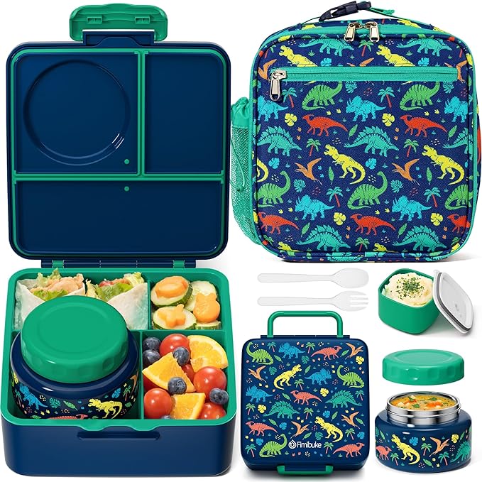 Fimibuke Bento lunch Box Set for Kids Adult with 8oz Insulated Food Jar, Lunch Bag & Sauce Cup, Leakproof Dishwasher Safe Toddler Lunch Food Container with 3-4 Compartment for School Girls Boys