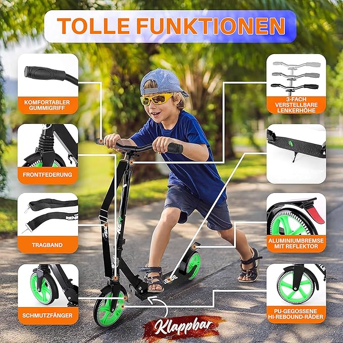 Hurtle Renegade Kick Scooter for Kids, Teenagers & Adults - 2-Wheel Folding Scooter with Adjustable T-Bar Handlebar - Alloy Anti-Slip Deck