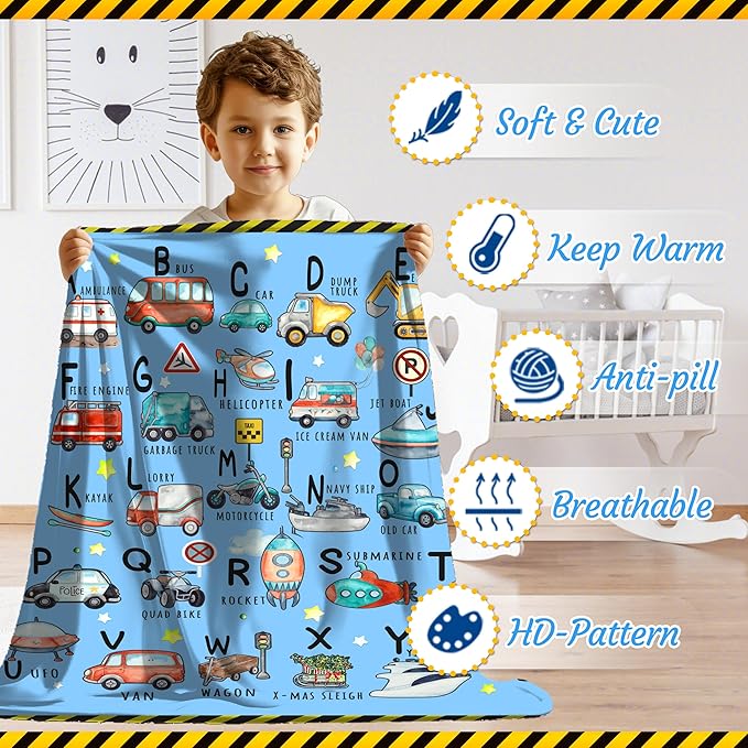 ABC Truck Alphabet Transportation Blanket Throw Super Soft and Cozy Blankets for Home Decoration, Couch, Bed, Sofa 80 in x 60 in Large for Adult for All Seasons