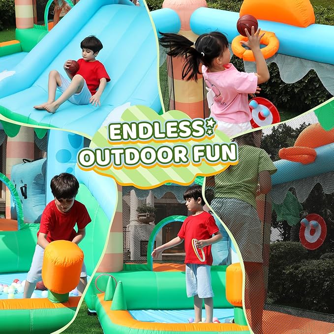Inflatable Bounce House for Kids, Playhouse Castle with Blower Slides Ball Pit Pool Basketball Hoop and Toss Game for Kids Wet and Dry