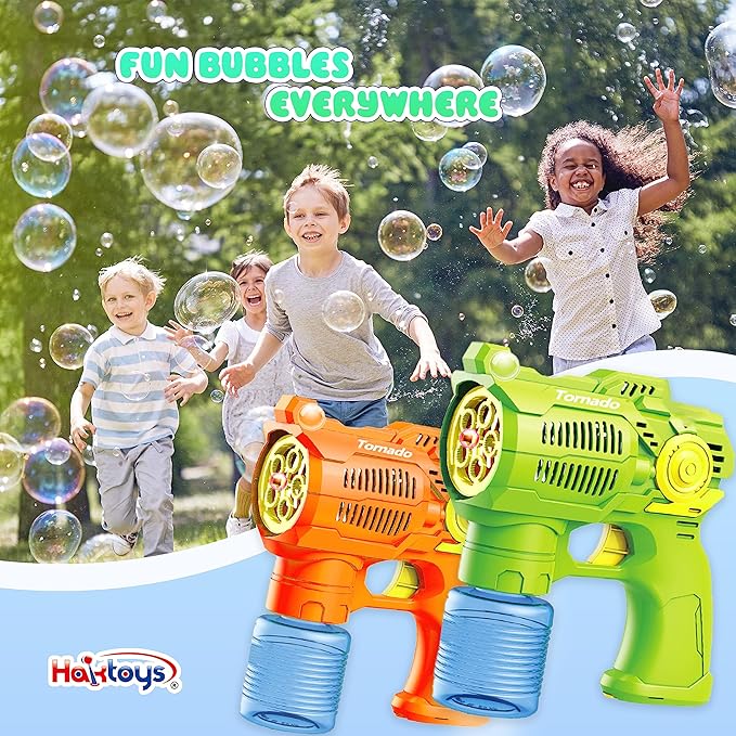 6-Pack Bubble Gun Set with Batteries – Automatic Bubble Blower Toys for Kids & Toddlers | 3 Green + 3 Orange Bubble Shooters with Solution Included | Outdoor Fun & Ready to Play