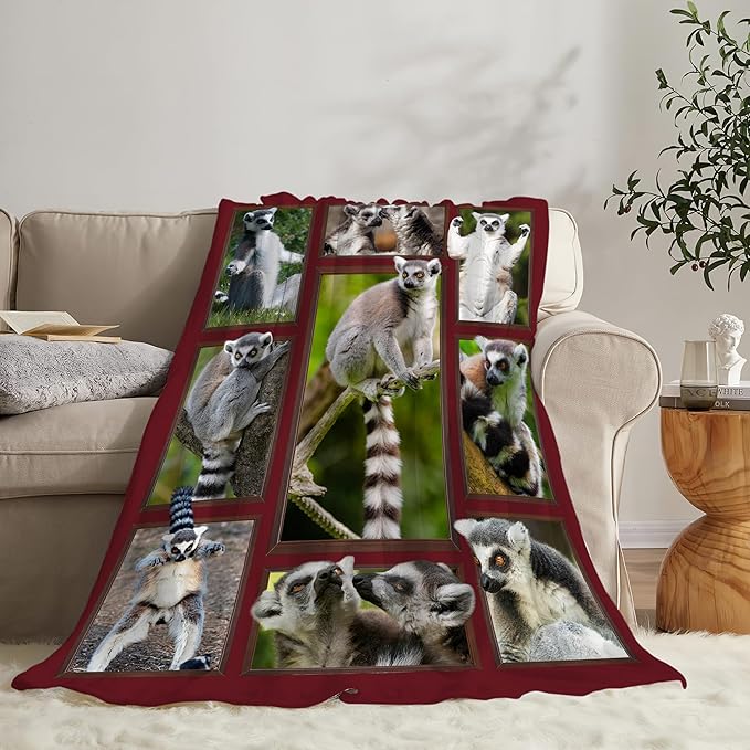 Lemur Blanket Fleece Soft Warm Plush Lemur Blanket Lightweight Plush Fuzzy Cozy Wild Animal Blankets for Lover Kids Adult Suitable for Couch Sofa Bed 50"X40"