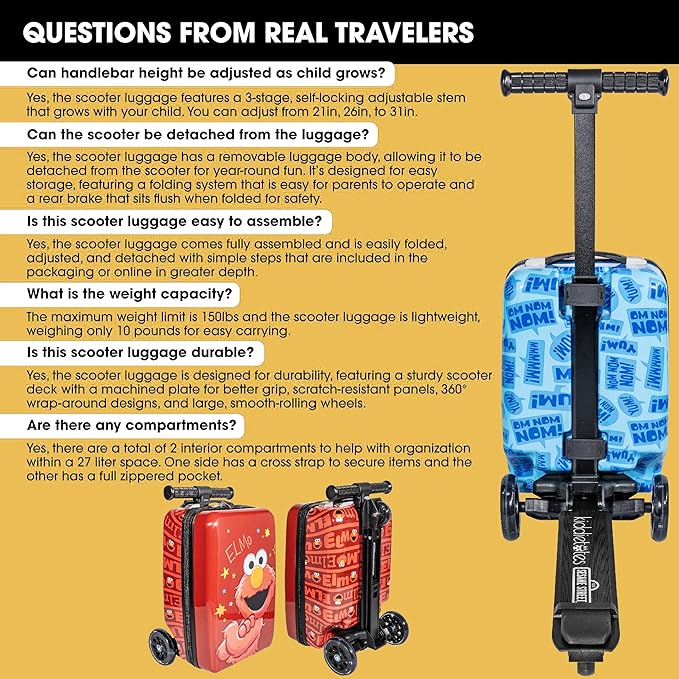 KIDDIETOTES Sesame Street 4-in-1 Detachable Scooter Luggage for Kids – Cookie Monster – Ride-On Suitcase with Removable Luggage Body, Adjustable Handlebar, Durable Deck & Brake – Carry-On Travel Bag