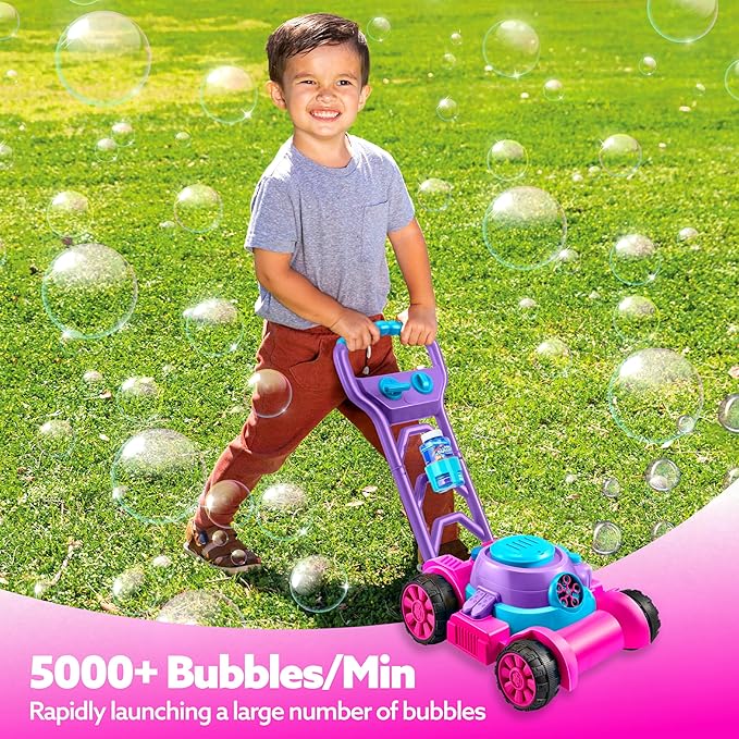 SLOOSH Bubble Lawn Mower Toddler Toys - Spill-Proof Bubble Machine Pretend and Play Toy for Toddler Age 1 2 3 1-3 Year Old Indoor Outdoor Use, Push Toys Baby Girl Xmas Christmas Birthday Gifts (Pink)