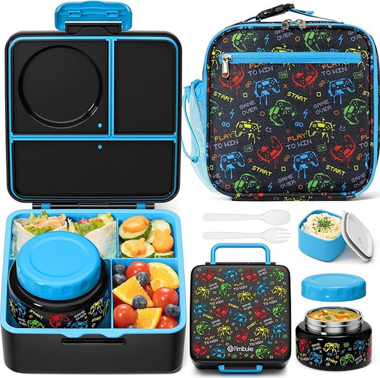 Fimibuke Bento lunch Box Set for Kids Adult with 8oz Insulated Food Jar, Lunch Bag & Sauce Cup, Leakproof Dishwasher Safe Toddler Lunch Food Container with 3-4 Compartment for School Girls Boys