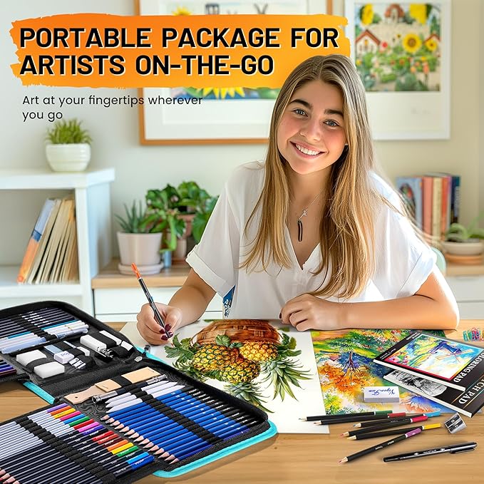 106 PCS Art Supplies Sketching Kit, Pro Drawing Pencils with 3-Color Sketchbook, Coloring Book, Colored Graphite Charcoal Watercolor & Metallic Pencils, Drawing Supplies Gifts for Artists Adults Kids