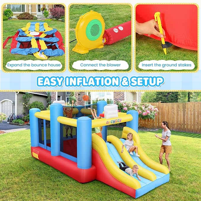 AKEYDIY Inflatable Bounce House with Dual Racing Slides – Large Bounce Area, Basketball Hoop, Removable Volleyball Net | Heavy-Duty for Outdoor Fun | Includes 550W Blower Kids Party