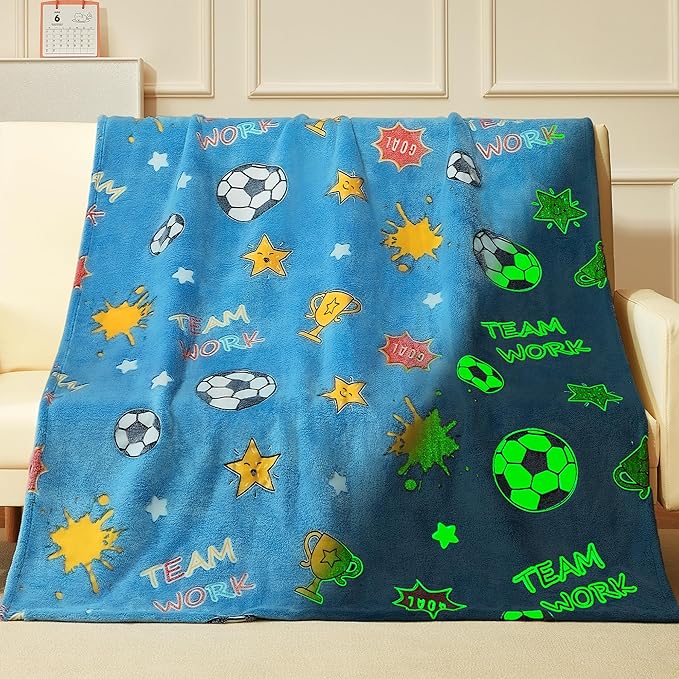 Glow in The Dark Soccer Blanket,Football Gifts Toys for Boys Kids, Birthday Presents Decor for Kids Age 3-14 Year Old Son Teen Child Toddler Luminous Christmas Bedroom Throw Blanket 50"x60"