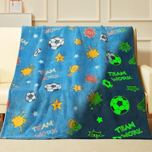 Glow in The Dark Soccer Blanket,Football Gifts Toys for Boys Kids, Birthday Presents Decor for Kids Age 3-14 Year Old Son Teen Child Toddler Luminous Christmas Bedroom Throw Blanket 50"x60"