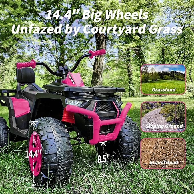 12V Kids 4 Wheeler ATV, 2-Seater Electric ATV Four Wheeler for Big Kids with Bluetooth, 14.4" Big Wheels - Rose Pink