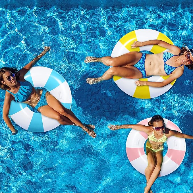 3 Pcs Large Swim Ring with Handles Set 47.24" 39.37" 35.43" Inflatable Pool Inner Tube Classic Striped Pool Ring Floats for Adults Teens Summer Lounger Beach Party Supplies