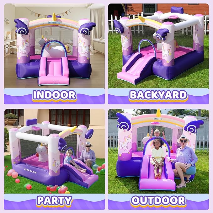 Unicorn Bounce House with Slide, Basketball Hoop for Kids 3-12, Inflatable Jumping Bouncy Castle for Outdoor & Indoor, Includes Blower
