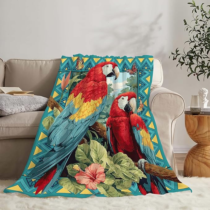 Parrot Bird Throw Blanket Macaw Stuff Gifts for Kids Girls Boys Adults Women Men Soft Cozy Warm Plush Fluffy Fuzzy Fleece Blanket Decor 60''X80''