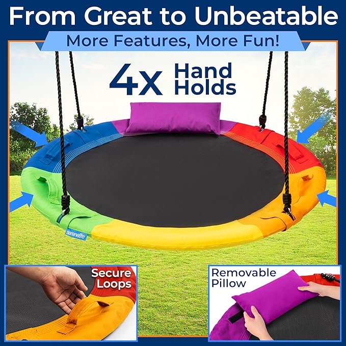 SereneLife 40" Saucer Swing - Outdoor Swing Set with Universal Hanging Kit, Swinging Seat Spinner with Pillow & Carry Bag, Weatherproof, Water-Resistant, Supports Up to 700 lbs, Rainbow