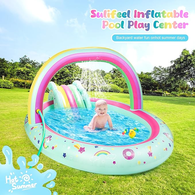 SULIFEEL Rainbow Unicorn Inflatable Play Center Kiddie Pool with Slide and Sprinkler for Children, 96''x59''x39''in Baby Pool for Backyard and Garden, Free Inflatable Pump