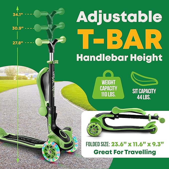 Kids Scooter – Foldable Seat – LED Wheel Lights Illuminate When Rolling – Children and Toddler 3 Wheel Kick Scooter – Adjustable Handlebar – Indoor and Outdoor- by Lifemaster