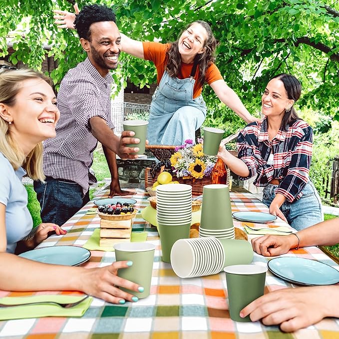 144 Pieces Sage Green Paper Cups 9 Oz Disposable Coffee Paper Cups Gradient Green Party Cup Beverage Drinking Cup for Wedding, Birthday, Holiday Party, DIY, and Picnic