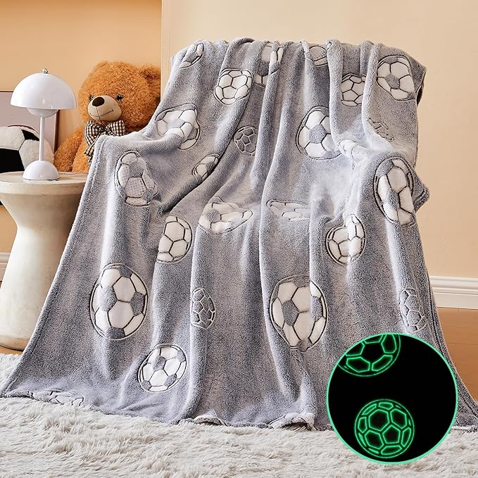 Wajade Soccer Gifts Toys for Boys Girls - Glow in The Dark Soccer Blanket Birthday Christmas Decor for Kids Age 3 4 5 6 7 8 9 10 11 12 Years Old Teens Child Toddler Throw Light Grey 60"x80"