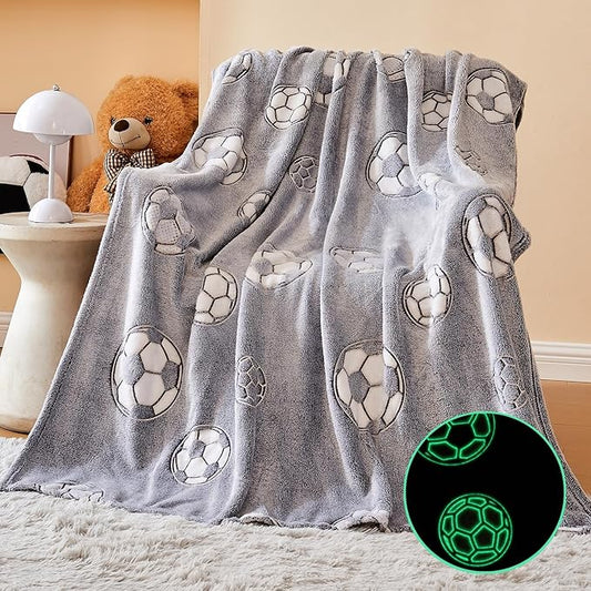 Wajade Soccer Gifts Toys for Boys Girls - Glow in The Dark Soccer Blanket Birthday Christmas Decor for Kids Age 3 4 5 6 7 8 9 10 11 12 Years Old Teens Child Toddler Throw Light Grey 60"x80"