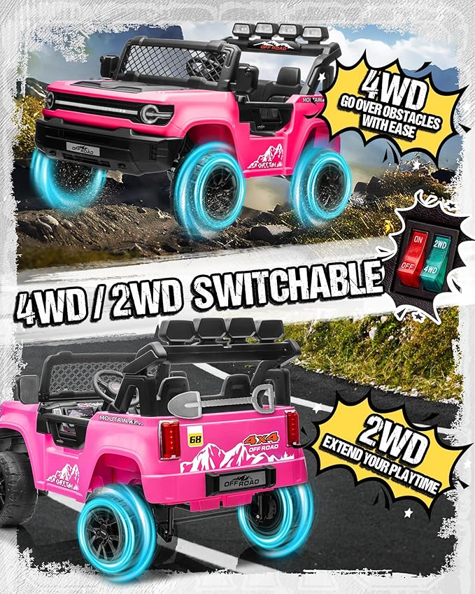 24V Ride on Toys for Big Kids, 2 Seater Electric Car w/22'' Large Seat, Remote Control, Shovel, 4X200W Engines, 4WD/2WD Switchable, Truck Bed Storage, Ride On Truck Toy for Boy Girl, Pink