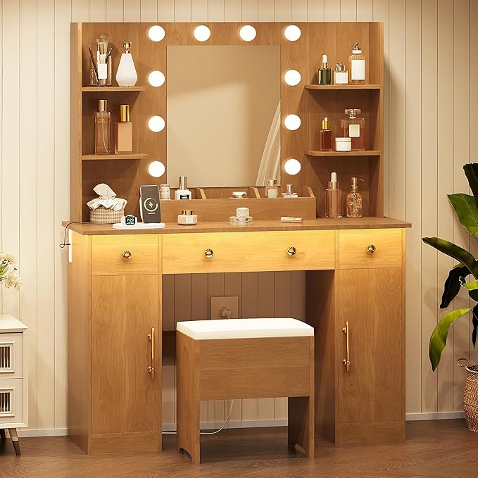 Vanity Desk with Mirror and Lights, Wood Makeup Vanity with Charging Station & Stool, 3 Drawers and Cabinets, Farmhouse Vanity Mirror with RGB LED Lights Makeup Desk and Chair for Women