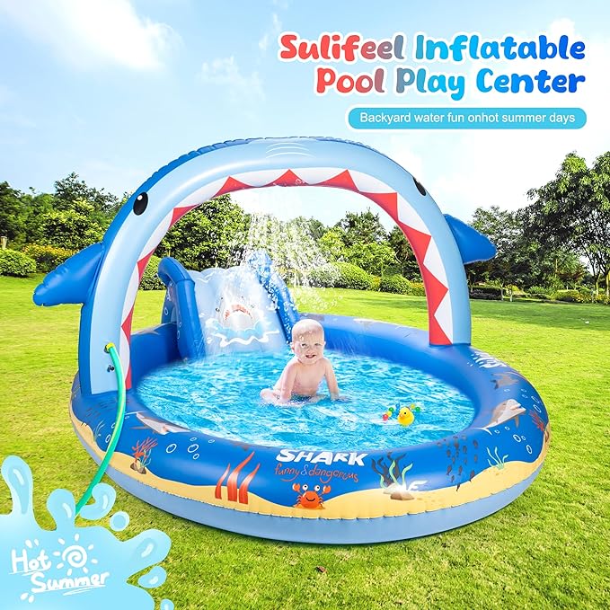 SULIFEEL Dinosaurs Inflatable Play Center Kiddie Pool with Slide and Sprinkler for Children, 96''x59''x39'' Baby Pool for Backyard and Garden, Free Inflatable Pump