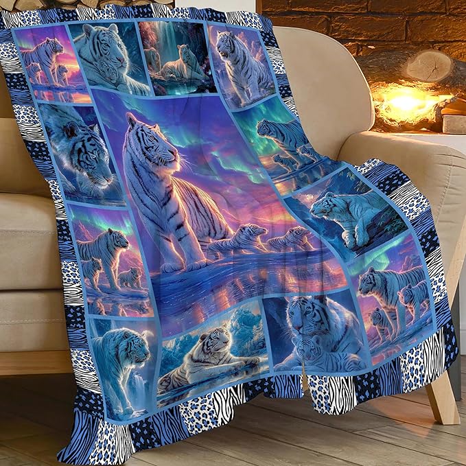 White Tiger Throw Blanket White Tiger Stuff Gifts for Kids Girls Boys Adults Women Men Soft Cozy Warm Plush Fluffy Fuzzy Fleece Blanket Decor 50''X60''