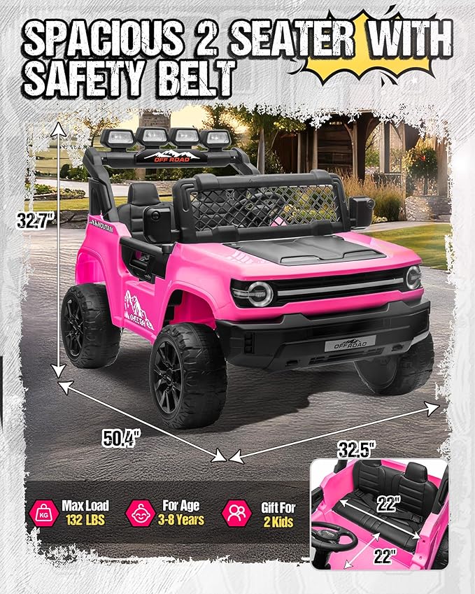 24V Ride on Toys for Big Kids, 2 Seater Electric Car w/22'' Large Seat, Remote Control, Shovel, 4X200W Engines, 4WD/2WD Switchable, Truck Bed Storage, Ride On Truck Toy for Boy Girl, Pink