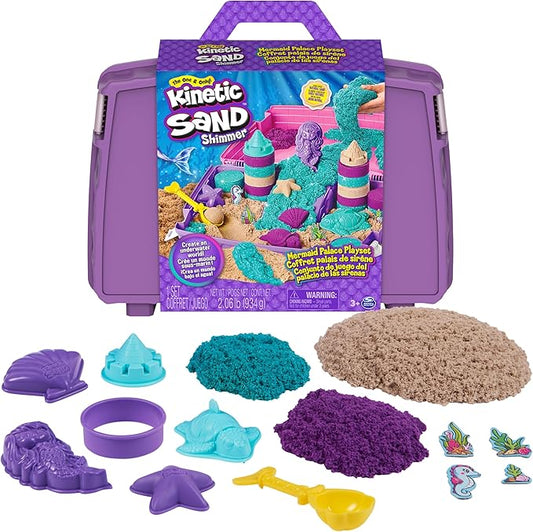 Kinetic Sand, Mermaid Palace Playset Folding Sandbox with 2.06lbs Play Sand (Neon Purple, Shimmer Teal & Beach), Tools, Sensory Toys, Holiday Gifts & Stocking Stuffers for Kids Ages 3 and up