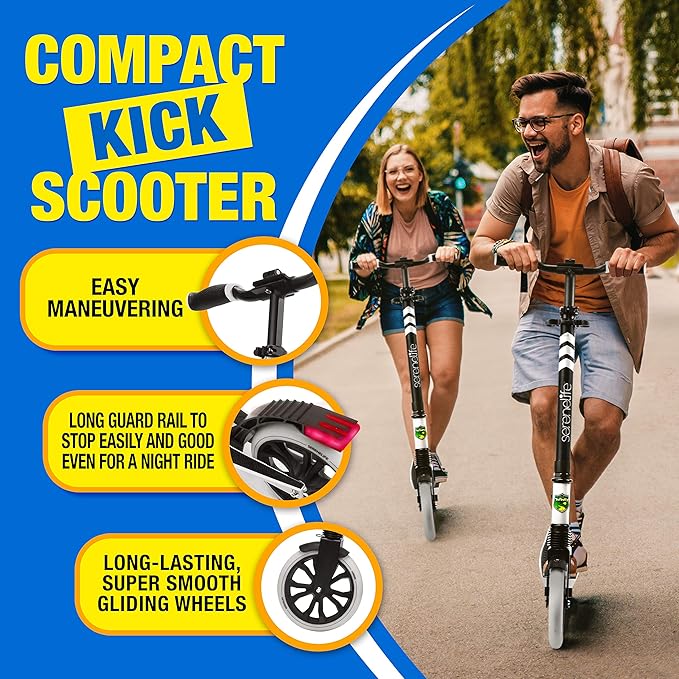 SereneLife Kick Scooter Adult Teenagers Kids- 2 Wheel Kids Scooter with Adjustable T-Bar Handlebar - Alloy Anti-Slip Deck - Portable Folding Scooters for Kids with Carrying Strap