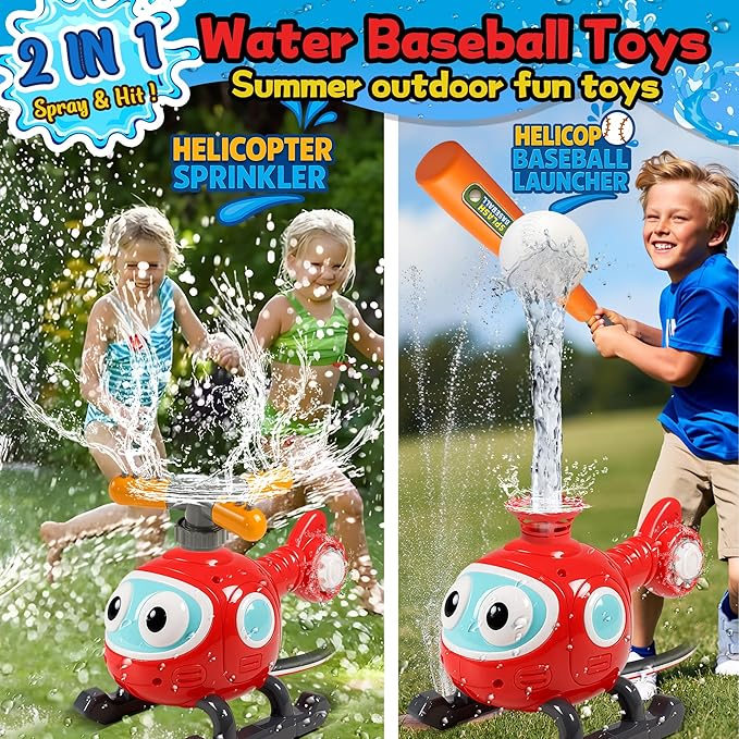 2 in 1 Water Sprinklers T Ball Set for Kids & Toddlers, Outdoor Baseball and Spray Play Toy, Backyard Summer Yard Games, Connects to Garden Hose, Fun Water Toys for Lawn, Pool or Party Activities