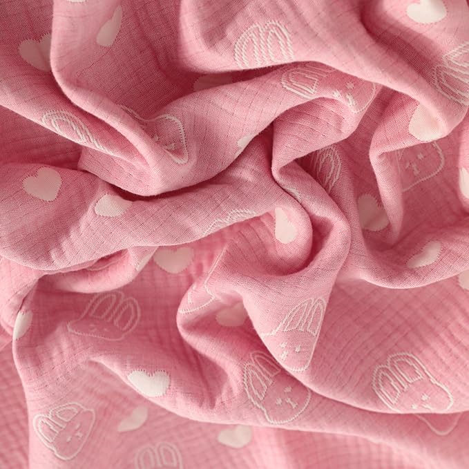 NTBAY 3 Layer Muslin Cotton Toddler Blanket, Jacquard Reversible Nursery Bed Blanket, Super Soft and Thermal for All Seasons, Decoration Gift, 30"x40", Pink Rabbit