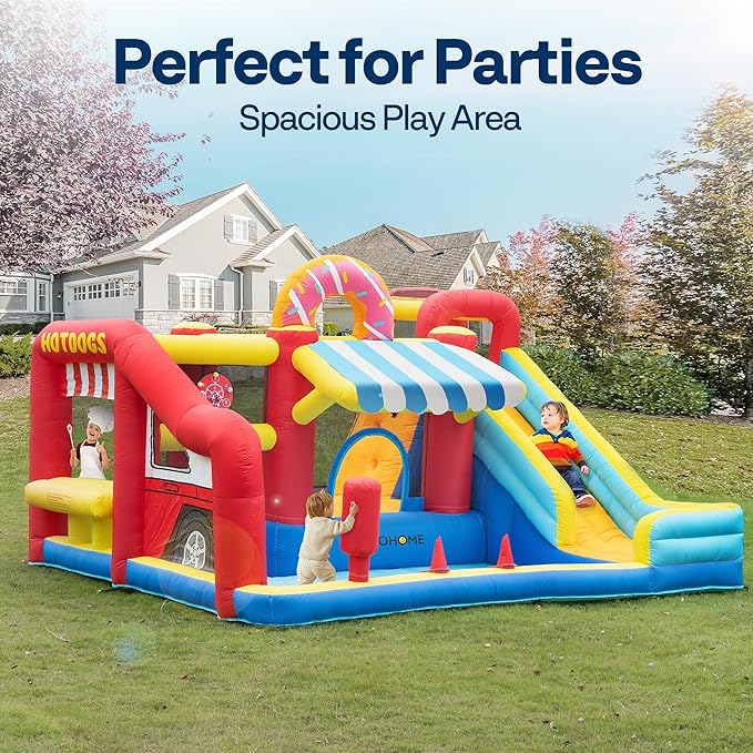 VIVOHOME 9 in 1 Bounce House for Kids, Market Theme Inflatable Bouncy Castle with Slide, 13x11 FT Inflated Bouncer for Outdoor with Blower, Basketball, Climb, Jump Area, Ball, Water Pool, Hoop