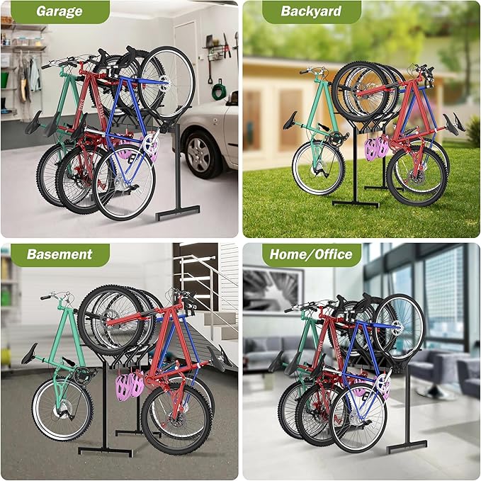 3 Bikes Floor Stand, Adjustable Bicycle Parking Rack with Hook for Garage, Indoor, Outdoor, Metal Cycle Storage Organizer Rack for Mountain, Road and Kids Bikes, Max Tire Width 2.5”, Black