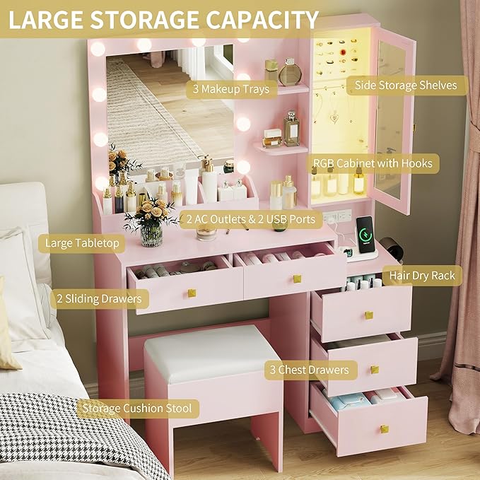 Vanity Desk with Mirror and Lights,Makeup Table with Charging Station & RGB Storage Cabinet,Large Drawer & Storage Shelves,5 Drawer,Bedroom Dressing Table, Pink