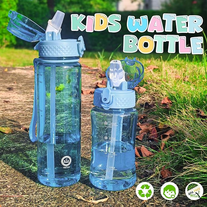OLDLEY 17oz Kids Motivational Water Bottle, Leak-Proof Tritan BPA-Free, Reusable for School Girls & Boys, Silicone Straw, Baby Blue