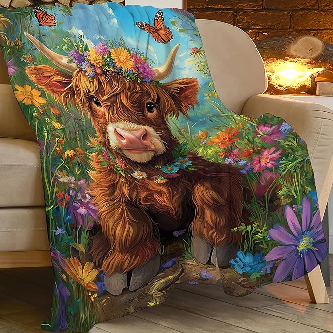 Highland Cow Throw Blanket Highland Cattle Stuff Gifts for Kids Girls Boys Adults Women Man Soft Cozy Warm Plush Fluffy Fuzzy Fleece Blanket Decor 50''X60''