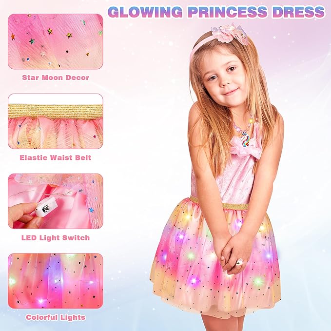 Princess Dress Up for Girls, Toddler Toys for Ages 3-8, 3 PCS Light Up Toddler Dress Up Clothes with Accessories, Kids Toys for 3 4 5 6 7 8 years Girl Christmas Halloween Birthday Gift
