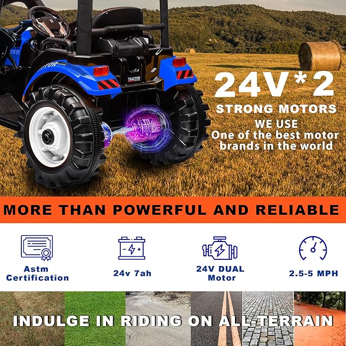 Kidsera 24V Kids Ride on Tractor with Trailer & Front Loader, 3 In1 Tractor 4-Gearbox 24volt Dual Motors Metal Frame, 24V Ride on Toys for Big Kids, Power Wheels Kids Electric Vehicles (Blue)